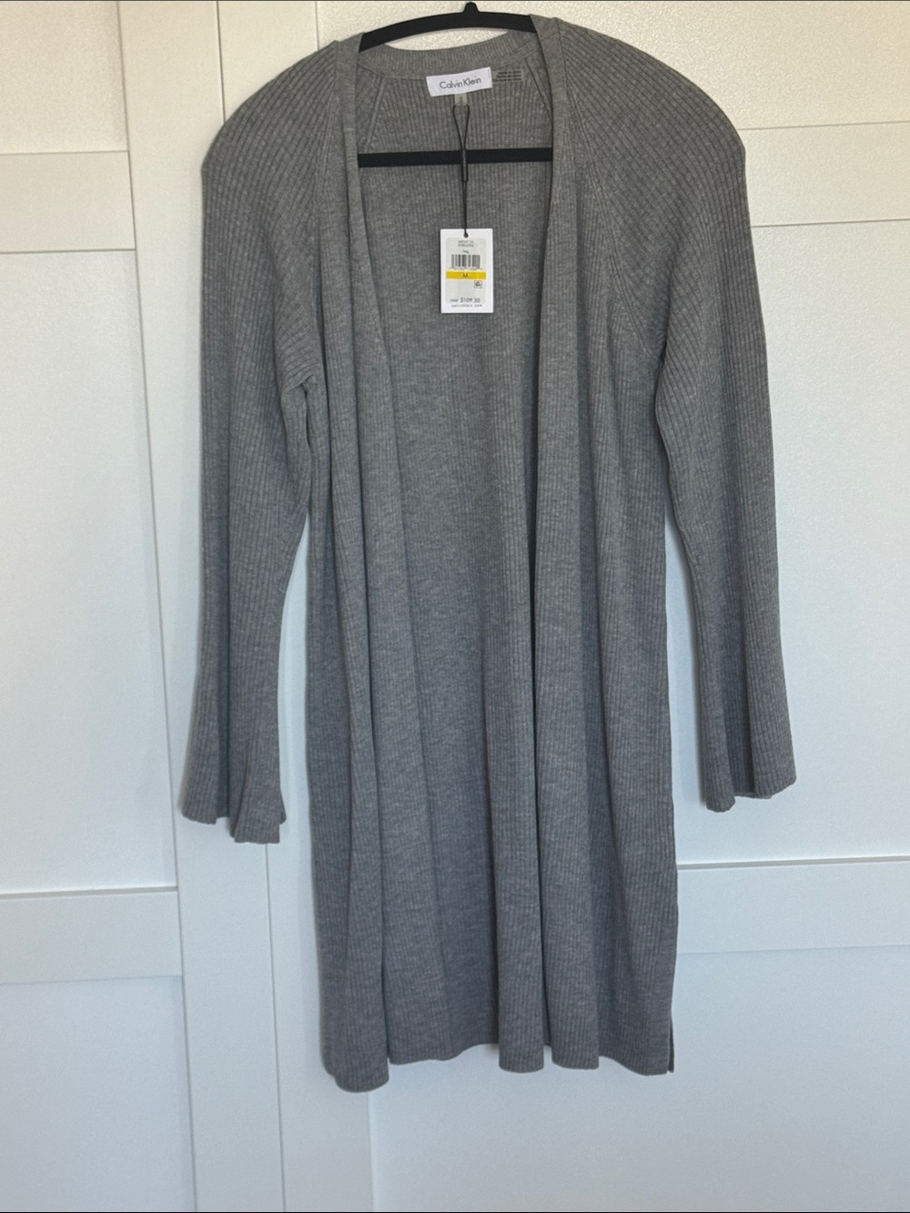 Calvin Klein Light Gray Ribbed Open-Front Women's bell sleeve Cardigan NWT Sz M